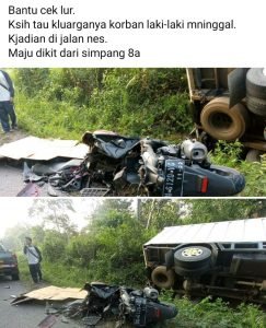 Postingan Facebook Nurdin yang di publikasikan melalui 3B (Budak Bulian Batanghari) tampak 1 uni sepeda motor dalam keadaan rusak berat dan 1 unit mobil angkuta box terbalik.