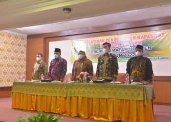 , Bupati Muaro Jambi, Hj. Masnah Busyro, SE., M. Tr. IP saat membuka secara resmi Pelatihan Peningkatan BPD dan TP-PKK Se-Kecamatan Kumpeh tahun 2022. (foto: ist)