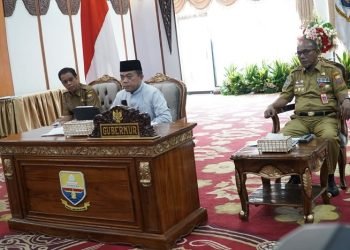 Al Haris saat mengikuti wawancara nominasi penghargaan Jamsostek Paritrana Award 2023 secara daring di Rumah Dinas Gubernur Jambi, Senin (3/4/2023) (Dok. Diskominfo/Harun)