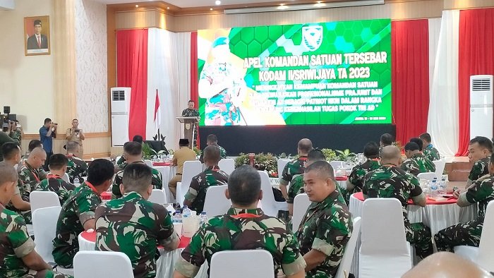 Apel Komandan Satuan (AKS) Tersebar Kodam II/Sriwijaya 2023 di Markas Korem Gapu 042/Garuda Putih, Kota Jambi, Senin (15/5/2023). (Foto: Pariwara/Riky)