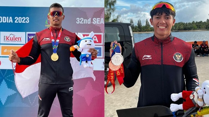 Dua atlet dayung asal Jambi, Subhi dan Joko saat mengangkat medali emasnya dalam SEA Games 2023 Kamboja. (Foto PODSI Provinsi Jambi)