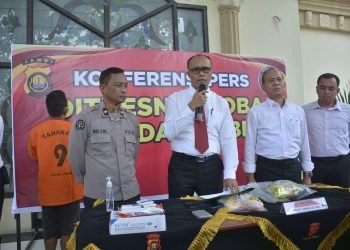 Press release ungkap kasus Narkotika jenis shabu sebanyak 0,87 Kg di Mapolda Jambi, Senin (31/07/2023). (Dok. RJ.COM/Nasution)