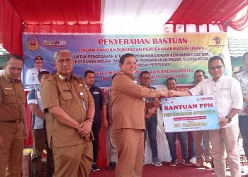 Penyerahan Bantuan Penanganan Stunting dan Pembangunan Pagar Sekolah SDN 110 Desa Lubuk Napal secara simbolis di Halaman Kantor DPMPTSP Sarolangun. Senin (31/07/2023). (Dok. Tania - Migas)